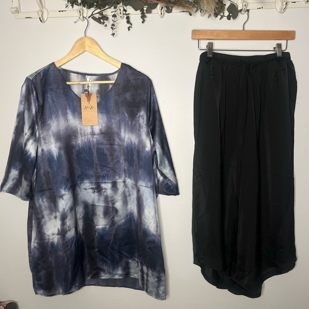 Aria Handmade Blue and Black Tie-Dye Tunic with Black Gaucho Pants